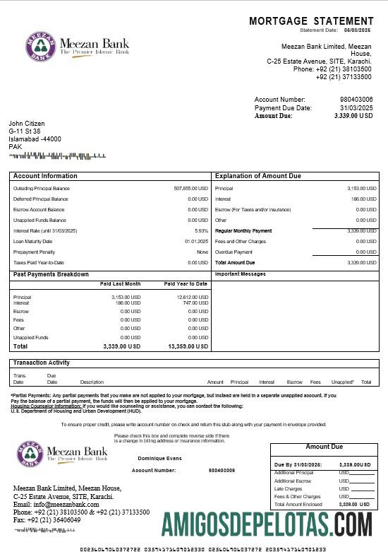 Declaração de hipoteca Meezan do Paquistão em formatos Word e PDF modelo